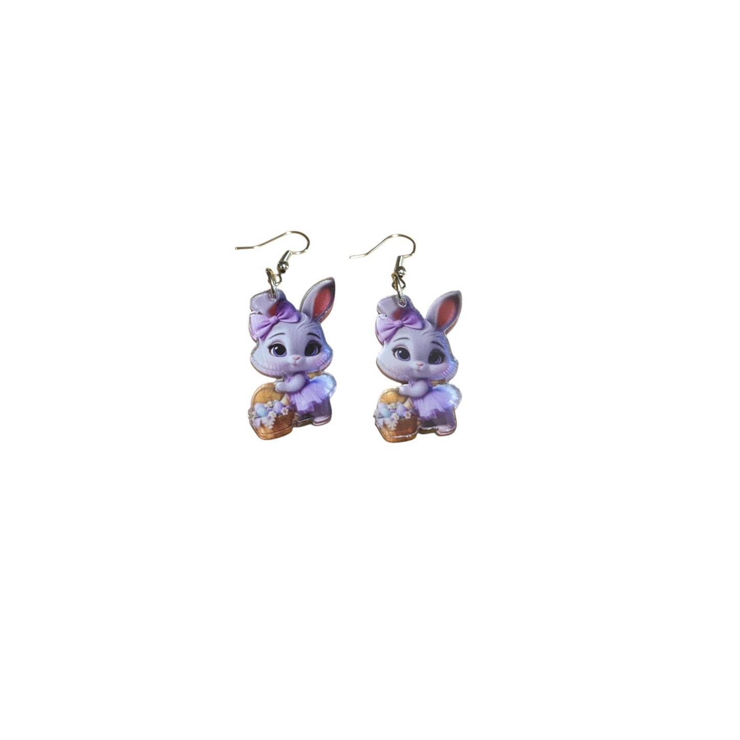 Purple Bunny Earrings with Easter Basket - Dangle Earrings
