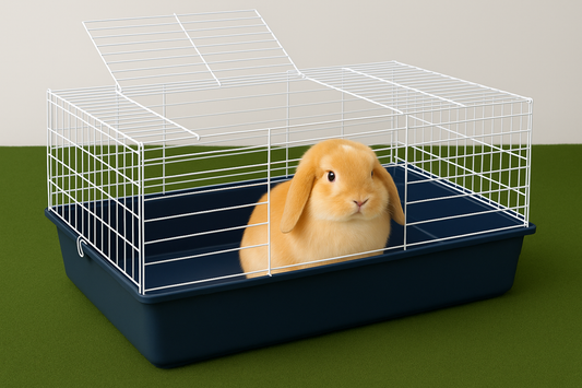 Orange and white mini lop bunny in navy cage