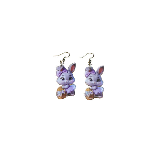 Purple Bunny Earrings with Easter Basket - Dangle Earrings