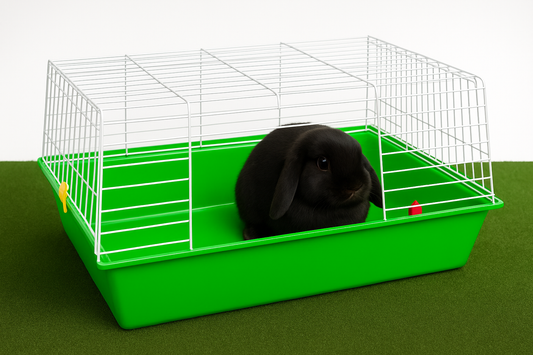 Black mini lop bunny in rabbit cage