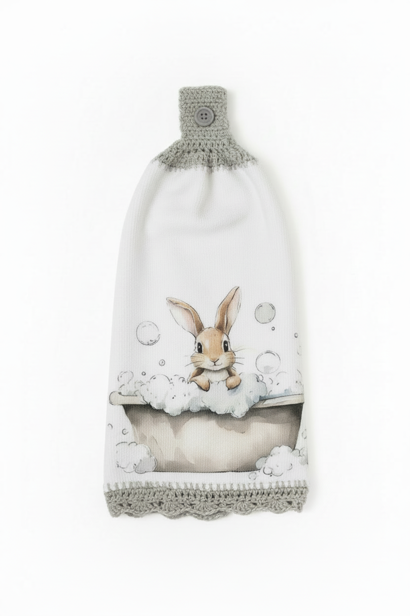 Bubble Bath Bunny Towel with Grey Button