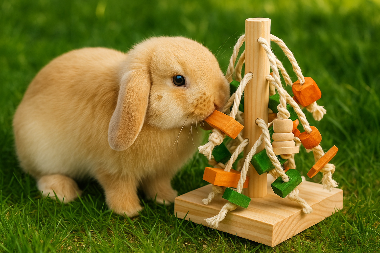 Generated image of Mini Lop bunny playing with wooden toy