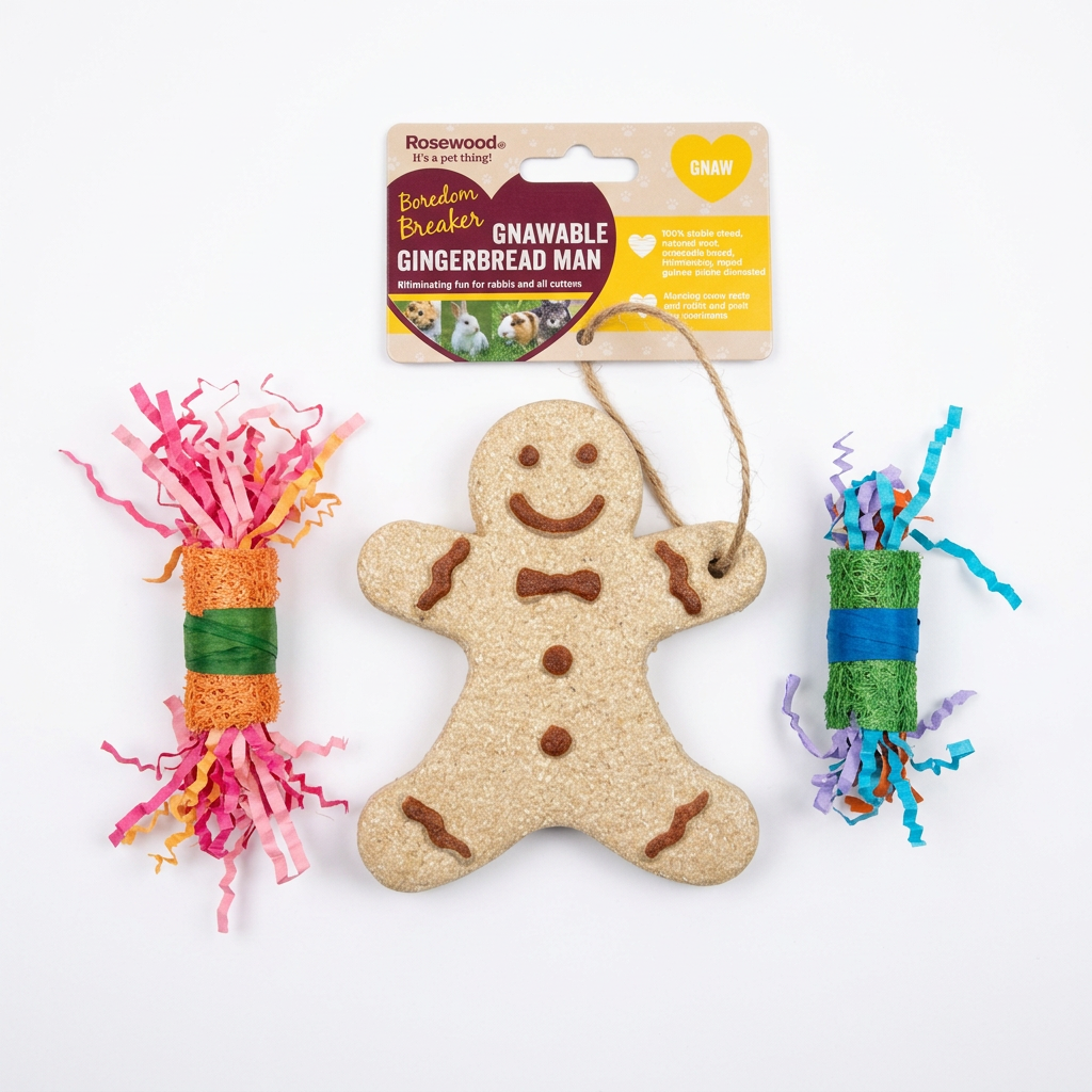 Rosewood Gnawable Gingerbread Man with two colourful cracker-style toys on a white background