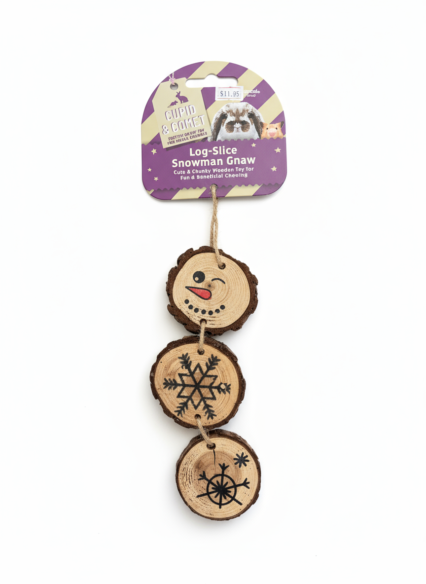 Log-slice snowman chew toy on white background