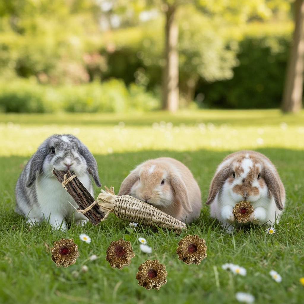 Mini lop bunnies with carrot, flower treats, and wood sticks on grass