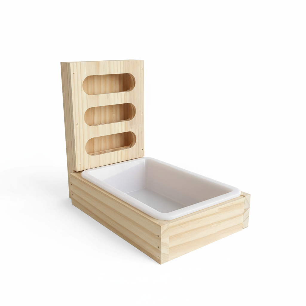 Wooden hay feeder litter tray - front view