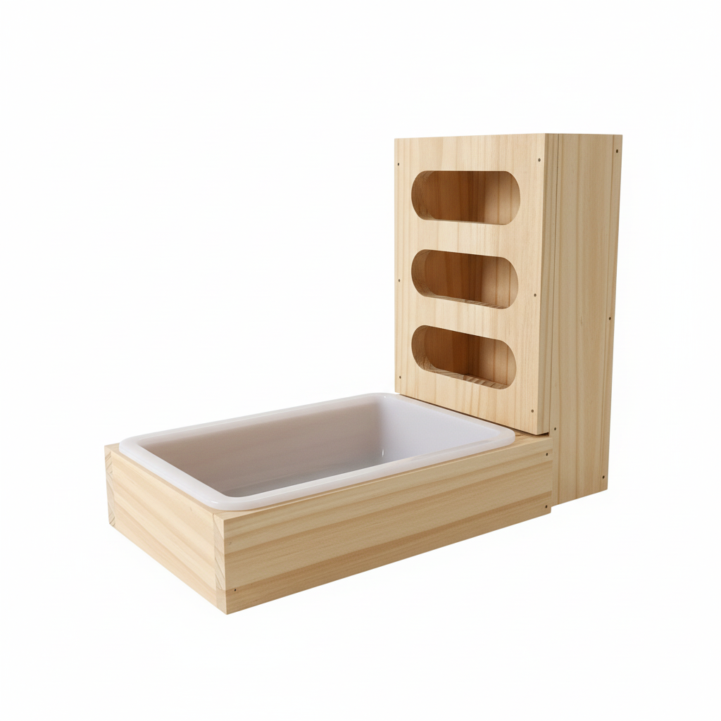 Wooden hay feeder litter tray - side view