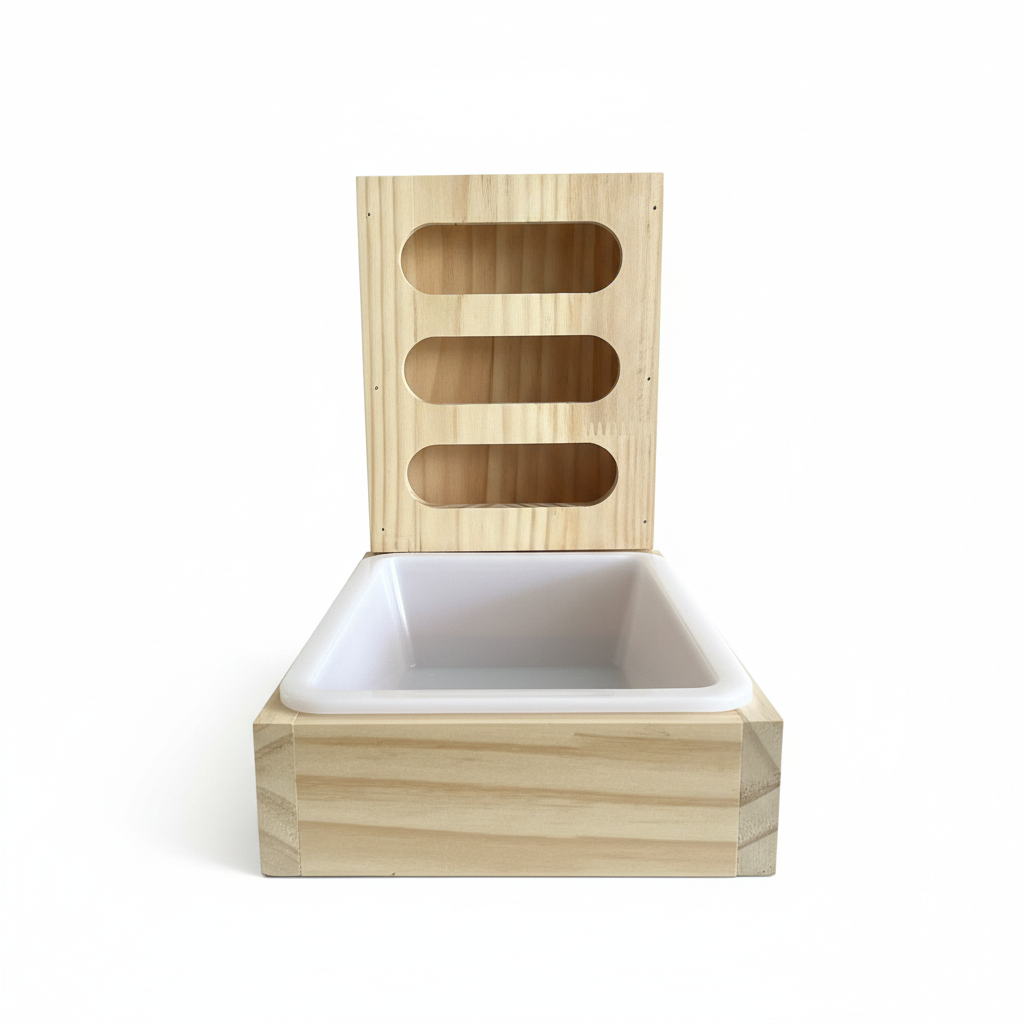 Wooden hay feeder litter tray - straight front view
