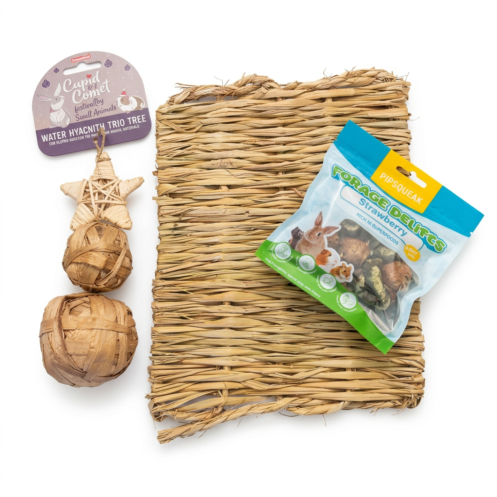 Woven mat, water hyacinth hanging toy and Pipsqueak treats